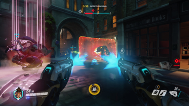 A screenshot from Overwatch while in-match. The player (playing Tracer) and their allies are indicated in blue, while the opposing team is in red. The character's health bar is shown on the bottom lef... - CC