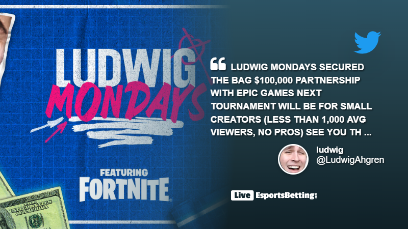 LUDWIG MONDAYS SECURED THE BAG $100,000 PARTNERSHIP WITH EPIC GAMES NEXT TOURNAMENT WILL BE FOR SMALL CREATORS (LESS THAN 1,000 AVG VIEWERS, NO PROS) SEE YOU THERE #EPICPARTNER, tags: fortnite - @LudwigAhgren (twitter)