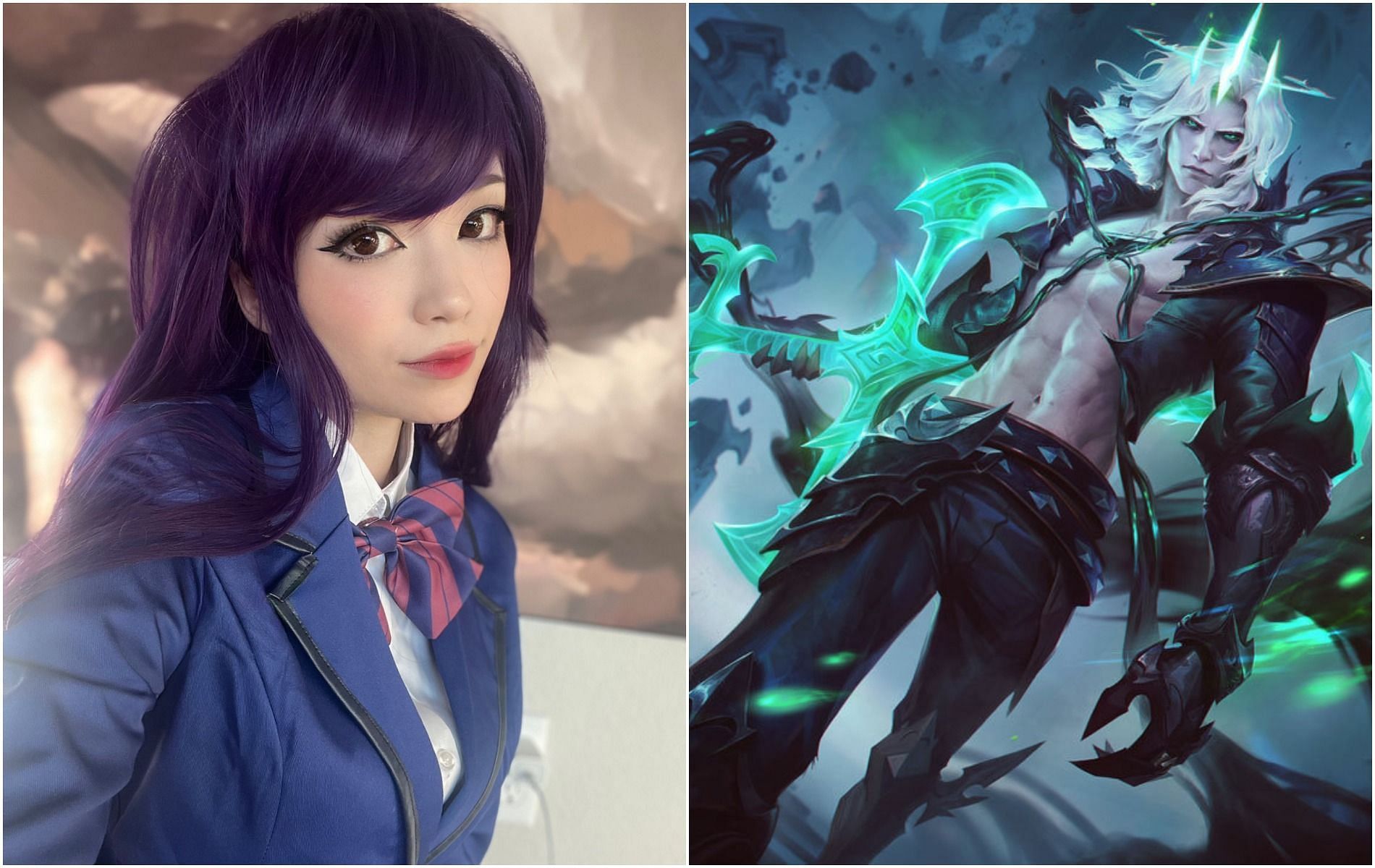 Emiru recently got destroyed by Viego in League of Legends, leading to a hilarious phone call, tags: twitch streamer riot - Image via Emiru/Twitter & League of Legends